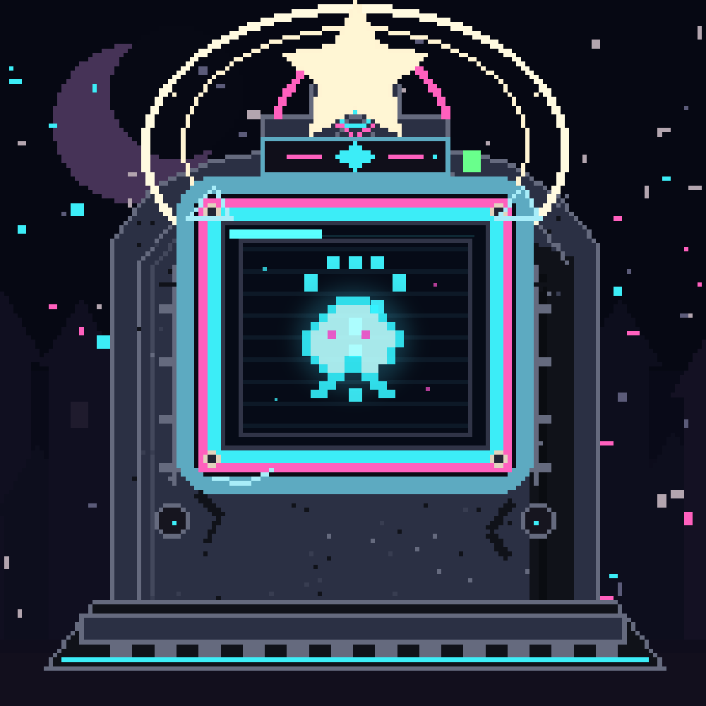 A spectral pixel spirit within a cyber-gothic monument
